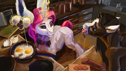 Size: 1956x1100 | Tagged: safe, artist:lostdragon01, derpibooru import, oc, oc only, oc:d, oc:lapush buns, pony, unicorn, bowtie, bunnycorn, drool, egg, egg shells, food, gypsy vanner, kitchen, male, meat, painting, pan, ponies eating meat, stallion, stove, table, tongue out, unshorn fetlocks