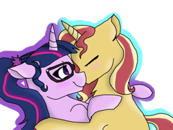 Size: 1024x768 | Tagged: safe, artist:smulesscootaloo523, sci-twi, sunset shimmer, twilight sparkle, pony, blushing, equestria girls ponified, eyes closed, female, kissing, lesbian, ponified, scitwishimmer, shipping, simple background, sunsetsparkle, transparent background