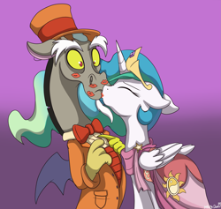 Size: 2587x2455 | Tagged: dead source, safe, artist:mistydash, discord, princess celestia, alicorn, pony, make new friends but keep discord, clothes, discord gets all the mares, dislestia, dress, eyes closed, female, floppy ears, frown, kiss mark, kissing, lipstick, male, shipping, straight, wide eyes