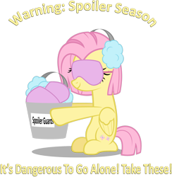 Size: 1696x1740 | Tagged: safe, artist:zacatron94, fluttershy, pegasus, pony, alternate hairstyle, blindfold, bucket, caption, earmuffs, it's dangerous to go alone, short mane, sleep mask, solo, take this, the legend of zelda, yellow text