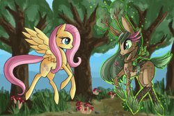 Size: 900x600 | Tagged: safe, artist:raptor007, fluttershy, pegasus, plant pony, pony, dryad, forest, goddess, mushroom