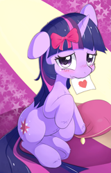 Size: 943x1469 | Tagged: safe, artist:aymint, derpibooru import, twilight sparkle, pony, unicorn, blushing, bow, cute, dandere, female, fluffy, hair bow, heart, letter, looking at you, mare, mouth hold, pixiv, ribbon, solo, twiabetes