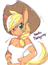 Size: 584x796 | Tagged: safe, artist:sho-n-d, applejack, anthro, bust, colored, freckles, hat, portrait, sketch, solo