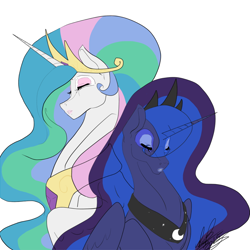 Size: 900x900 | Tagged: safe, artist:muirne, artist:wispywinterwind, princess celestia, princess luna, alicorn, pony, eyes closed, simple background