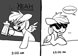 Size: 1020x744 | Tagged: safe, artist:tallaferroxiv, derpibooru import, rainbow dash, pegasus, pony, cider, comic, drunk, drunker dash, hangover, monochrome, newbie artist training grounds, solo, sunglasses, tankard