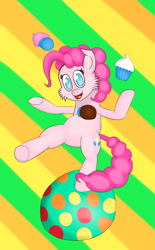 Size: 782x1260 | Tagged: safe, pinkie pie, earth pony, pony, ball, cupcake, juggling, solo