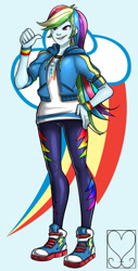 Size: 650x1277 | Tagged: safe, artist:srasomeone, derpibooru import, rainbow dash, human, better together, equestria girls, clothes, commission, converse, cutie mark background, hand on hip, hoodie, jacket, leggings, long hair, looking offscreen, shirt, shoes, simple background, smiling, sneakers, t-shirt, thumbs up, wristband