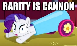 Size: 834x500 | Tagged: safe, edit, edited screencap, screencap, rarity, pony, unicorn, spike at your service, cannon, cropped, female, image macro, mare, meme, solo