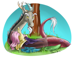 Size: 946x734 | Tagged: safe, artist:moenkin, discord, fluttershy, pegasus, pony, simple background, sleeping, transparent background