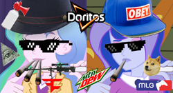 Size: 1022x550 | Tagged: safe, edit, princess celestia, princess luna, principal celestia, vice principal luna, alicorn, pony, airhorn, chips, cigarette, doge, doritos, female, food, gun, illuminati, mlg, mountain dew, optical sight, rifle, sniper rifle, sunglasses, weapon