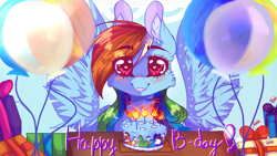 Size: 1920x1080 | Tagged: safe, artist:0whitewolf0o0, derpibooru import, rainbow dash, pegasus, pony, balloon, birthday, birthday cake, cake, commission, female, food, happy birthday, heart eyes, looking at you, mare, solo, wingding eyes