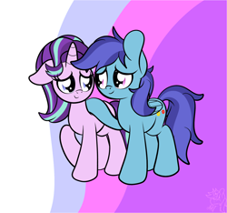 Size: 1842x1727 | Tagged: safe, artist:kimjoman, starlight glimmer, oc, oc:sierra nightingale, pegasus, pony, unicorn, canon x oc, cute, female, glimmgale, looking at each other, male, self insert