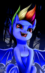 Size: 2500x4000 | Tagged: safe, artist:azerta56, derpibooru import, edit, editor:the dreaded, evil pie hater dash, rainbow dash, pegasus, pony, secrets and pies, bat wings, chest fluff, female, high res, looking at you, mare, open mouth, sharp teeth, solo, spread wings, teeth, tongue out, underhoof, wings