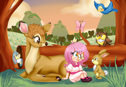 Size: 2698x1870 | Tagged: safe, artist:lucy-tan, fluttershy, bird, butterfly, deer, human, ladybug, owl, rabbit, animal, humanized, solo, younger