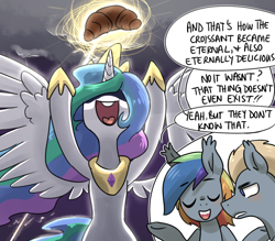 Size: 1000x877 | Tagged: safe, artist:lucidlarceny, princess celestia, oc, alicorn, pony, ask the night guards, bipedal, croissant, magic, misleading thumbnail, tumblr