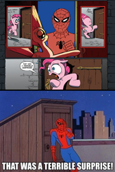 Size: 500x745 | Tagged: safe, edit, idw, pinkie pie, earth pony, pegasus, pony, 60s spider-man, comic, dialogue, exploitable meme, female, mare, meme, open mouth, spider-man, surprise door