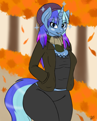 Size: 1257x1564 | Tagged: safe, artist:ensayne, minuette, anthro, unicorn, autumn, autumn leaves, beanie, clothes, curvy, falling leaves, female, hat, jacket, leaf, leaves, looking at you, mare, open clothes, open jacket, pants, scarf, smiling, smiling at you, solo, wide hips