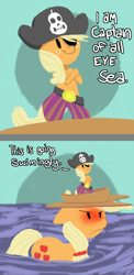 Size: 1400x2870 | Tagged: safe, artist:fauxsquared, applejack, earth pony, pony, appletini, bicorne, blushing, hat, pearjack, pirate, pun, self ponidox, tiny ponies, unamused, water