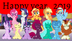 Size: 1920x1080 | Tagged: safe, artist:jhayarr23, artist:徐詩珮, edit, edited edit, applejack, autumn blaze, fizzlepop berrytwist, fluttershy, glitter drops, pinkie pie, rainbow dash, rarity, sci-twi, spring rain, starlight glimmer, sunset shimmer, tempest shadow, twilight sparkle, earth pony, kirin, pegasus, pony, unicorn, better together, equestria girls, i'm on a yacht, my little pony: the movie, sounds of silence, applejack's hat, bipedal, cowboy hat, cute, deviantart, equestria girls ponified, eyes closed, female, glasses, happy new year, happy new year 2019, hat, holiday, humane eight, humane five, humane seven, humane six, looking at you, mare, open mouth, ponified, shimmerbetes, unicorn sci-twi