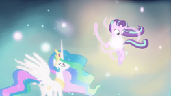 Size: 1440x810 | Tagged: safe, edit, edited screencap, screencap, princess celestia, starlight glimmer, alicorn, pony, unicorn, magical mystery cure, ascension, duo, ethereal mane, female, flying, mare, princess celestia's special princess making dimension, spread wings, wings