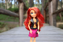 Size: 6000x4000 | Tagged: safe, artist:artofmagicpoland, sunset shimmer, better together, equestria girls, clothes, doll, forest, irl, looking at you, photo, photography, reboot series, skirt, solo, toy