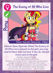 Size: 788x1088 | Tagged: safe, artist:befishproductions, editor:ithryskylark, sunset shimmer, anthro, equestria girls, alternate costumes, badass, cape, card, clothes, crossover, ear piercing, earring, female, jewelry, lina inverse, piercing, slayers, smugset shimmer, solo, twilight sparkle's secret shipfic folder