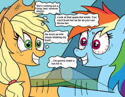 Size: 1853x1428 | Tagged: safe, artist:eagc7, derpibooru import, applejack, rainbow dash, earth pony, pegasus, pony, non-compete clause, bloodshot eyes, dialogue, duo, duo female, employee of the month, female, hooves, looking at each other, mare, messy mane, nickelodeon, parody, shaking hoof, smiling, speech bubble, spongebob squarepants, text, thought bubble