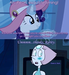 Size: 1425x1536 | Tagged: safe, edit, edited screencap, screencap, rarity, pony, unicorn, sweet and elite, blushing, coffee, crack shipping, diamond and pearl, image macro, implied lesbian, implied shipping, meme, oblivious, pearl (steven universe), photoshop, pun, screencap comic, shipping, steven universe, thirsty