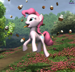 Size: 1300x1250 | Tagged: safe, artist:duskycast, pinkie pie, earth pony, pony, 3d, candy, cookie, daz studio, funny, happy, jumping, pie, rain, solo