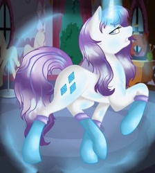 Size: 811x904 | Tagged: safe, artist:nevera573, rarity, pony, unicorn, alternate hairstyle, carousel boutique, clothes, magic, messy mane, socks, solo, trace