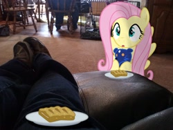 Size: 2592x1944 | Tagged: safe, artist:emkay-mlp, artist:fehlung, artist:tokkazutara1164, fluttershy, human, ursa minor, apple fritter (food), cage, chair, clothes, food, irl, legs, photo, plushie, ponies in real life, shoes, solo, teddy bear, ursa plush, vector