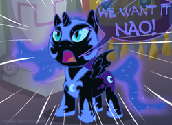 Size: 550x400 | Tagged: safe, artist:snapai, nightmare moon, alicorn, pony, baby talk, cute, female, filly, foal, hoof shoes, moonabetes, nightmare woon, solo, traditional royal canterlot voice, younger