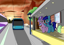 Size: 4610x3217 | Tagged: safe, artist:kimjoman, starlight glimmer, oc, oc:sierra nightingale, pegasus, pony, unicorn, building, canon x oc, city, cute, female, glimmgale, looking at each other, male, outdoors, raised hoof, self insert, sunset, text, tram, vehicle