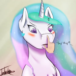 Size: 2362x2362 | Tagged: safe, artist:elzzombie, princess celestia, human, angry, blushing, boop, cross-popping veins, fluffy, frown, glare, hand, solo