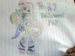 Size: 416x309 | Tagged: safe, fluttershy, equestria girls, rainbow rocks, 39 followers, heart, humanized, lined paper, photo, ponied up, solo, traditional art, winged humanization, yay