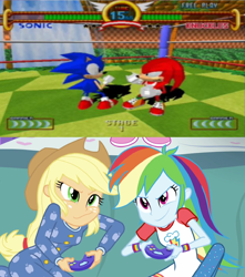 Size: 1024x1158 | Tagged: safe, derpibooru import, screencap, applejack, rainbow dash, equestria girls, rainbow rocks, crossover, gamer, gamerdash, knuckles the echidna, sonic the fighters, sonic the hedgehog, sonic the hedgehog (series)