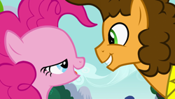 Size: 1920x1088 | Tagged: safe, screencap, cheese sandwich, pinkie pie, earth pony, pony, pinkie pride, eye contact, lidded eyes