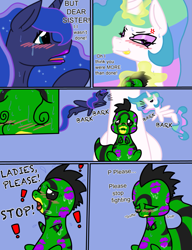 Size: 981x1278 | Tagged: safe, artist:digitaldomain123, artist:skunkdude13, derpibooru import, princess celestia, princess luna, oc, oc:cameron, alicorn, pony, comic:adorable treatment, argument, barking, blushing, chibi, comic, crying, female, fetish, kiss mark, lipstick, lipstick fetish, makeup, mare, non-mlp oc, sweat