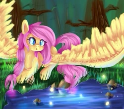 Size: 604x528 | Tagged: safe, artist:baid-woo, fluttershy, pegasus, pony, :o, grass, long mane, pond, prone, solo, spread wings, water