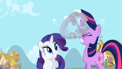 Size: 960x540 | Tagged: safe, derpibooru import, screencap, rarity, spike, twilight sparkle, dragon, pony, unicorn, the cutie pox, alternate hairstyle, animated, female, hair styling, heart, heart eyes, hoop, instant rarity, loop-de-hoop, male, rarity hair, straight, wingding eyes