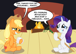 Size: 1624x1152 | Tagged: safe, artist:the-ross, applejack, rarity, earth pony, pony, unicorn, fireplace, rake