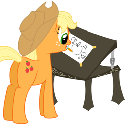 Size: 1074x1055 | Tagged: safe, artist:the-ross, applejack, earth pony, pony, drawing, mouth hold, pencil, simple background, solo