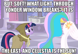 Size: 721x500 | Tagged: safe, edit, edited screencap, screencap, clover the clever, princess celestia, twilight sparkle, alicorn, pony, caption, female, image macro, mare, meme, plot, romeo and juliet, shakespeare, shakespearean insults, sunbutt