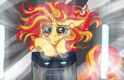 Size: 3348x2160 | Tagged: safe, artist:moonlightstrange, sunset shimmer, pony, amplifier, blushing, high res, solo, sunshine shimmer