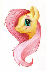 Size: 900x1379 | Tagged: safe, artist:brendavid, fluttershy, pegasus, pony, ear fluff, simple background, smiling, solo, traditional art