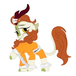 Size: 2000x2000 | Tagged: safe, artist:jen-neigh, autumn blaze, pony, sounds of silence, chains, clothes, cuffs, horn ring, magic suppression, prison outfit, prisoner, sad, shackles