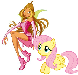 Size: 431x414 | Tagged: safe, fluttershy, pegasus, pony, comparison, crossover, fairy, fairy wings, flora, flora (winx club), looking at each other, magic winx, rainbow s.r.l, winx club