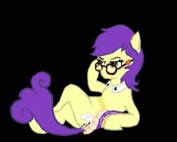 Size: 1000x800 | Tagged: artist needed, safe, oc, oc only, oc:miss ballpoint inkwell, earth pony, pony, black background, female, glasses, mare, on back, simple background, solo