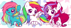 Size: 1101x439 | Tagged: safe, artist:ponymonster, moondancer (g1), starshine, sunlight (g1), earth pony, pegasus, pony, unicorn, g1, abstract background, female, mare