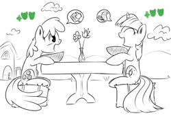 Size: 900x623 | Tagged: safe, artist:xioade, derpibooru import, cheerilee, twilight sparkle, unicorn twilight, earth pony, pony, unicorn, duo, duo female, female, flower, mare, monochrome, pictogram, table, talking, the sims